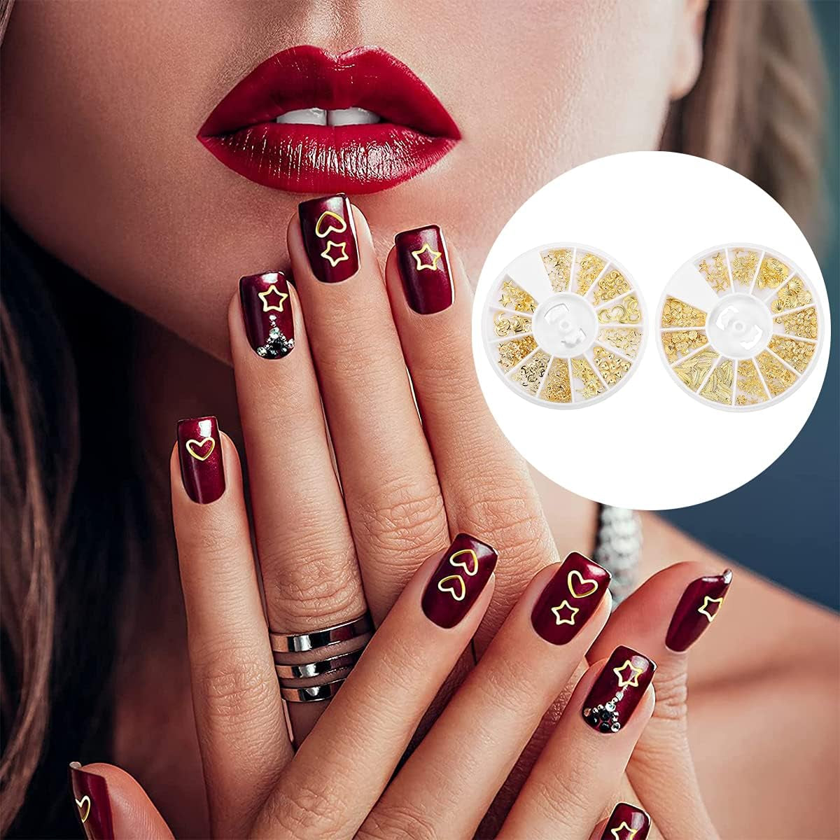 Metal Nail Decoration, 2 Boxes Metal Nail Studs Star Moon Feather Nail Charm Kit for 3D Nail Art Jewelry Decoration (Gold)