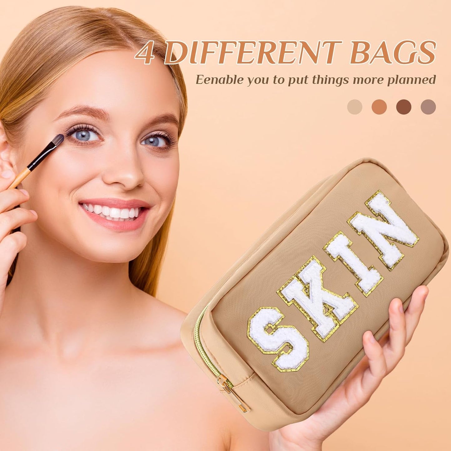 4 PCS Nylon Cosmetic Bags Waterproof Spacious Travel Makeup Organizer for Women Chenille Letter Preppy Zipper Pouch Face Stuff Skin Hair Organizer Gift(Brown Series)
