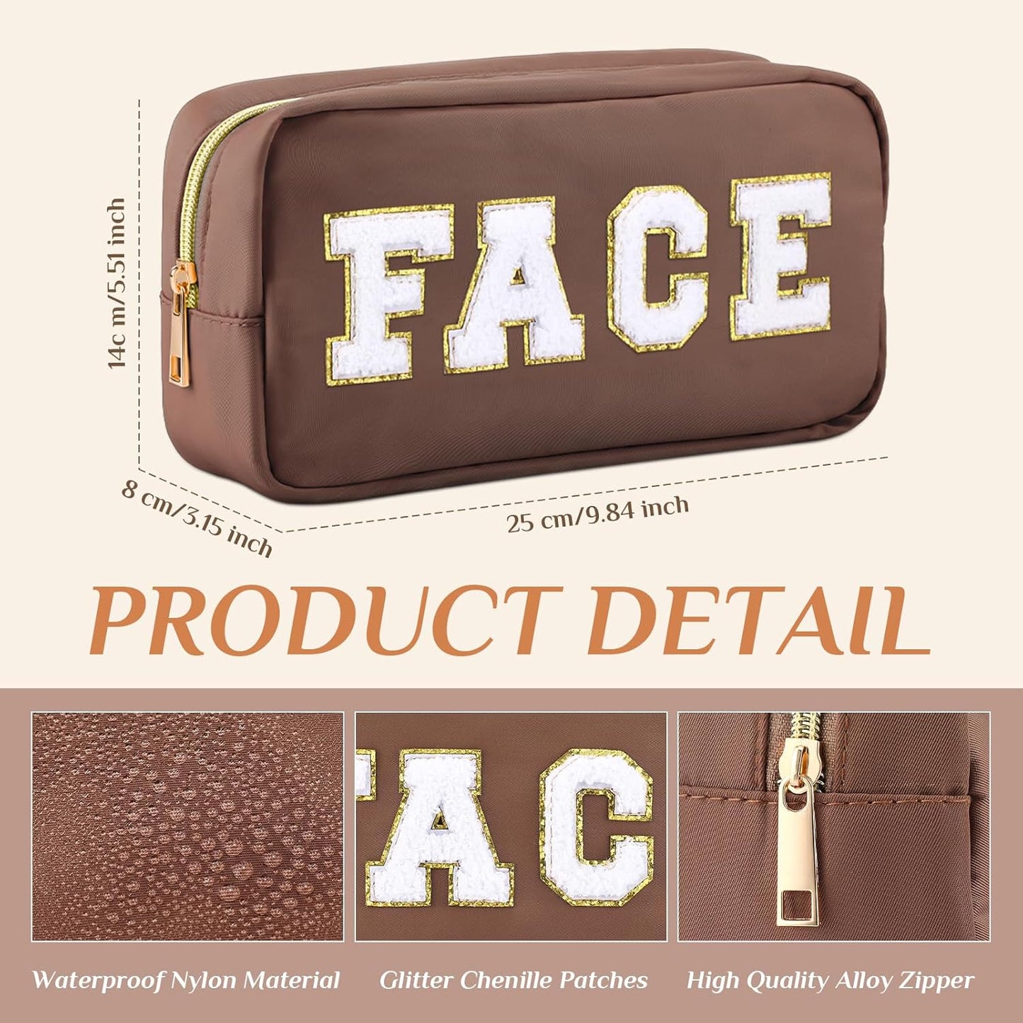 4 PCS Nylon Cosmetic Bags Waterproof Spacious Travel Makeup Organizer for Women Chenille Letter Preppy Zipper Pouch Face Stuff Skin Hair Organizer Gift(Brown Series)