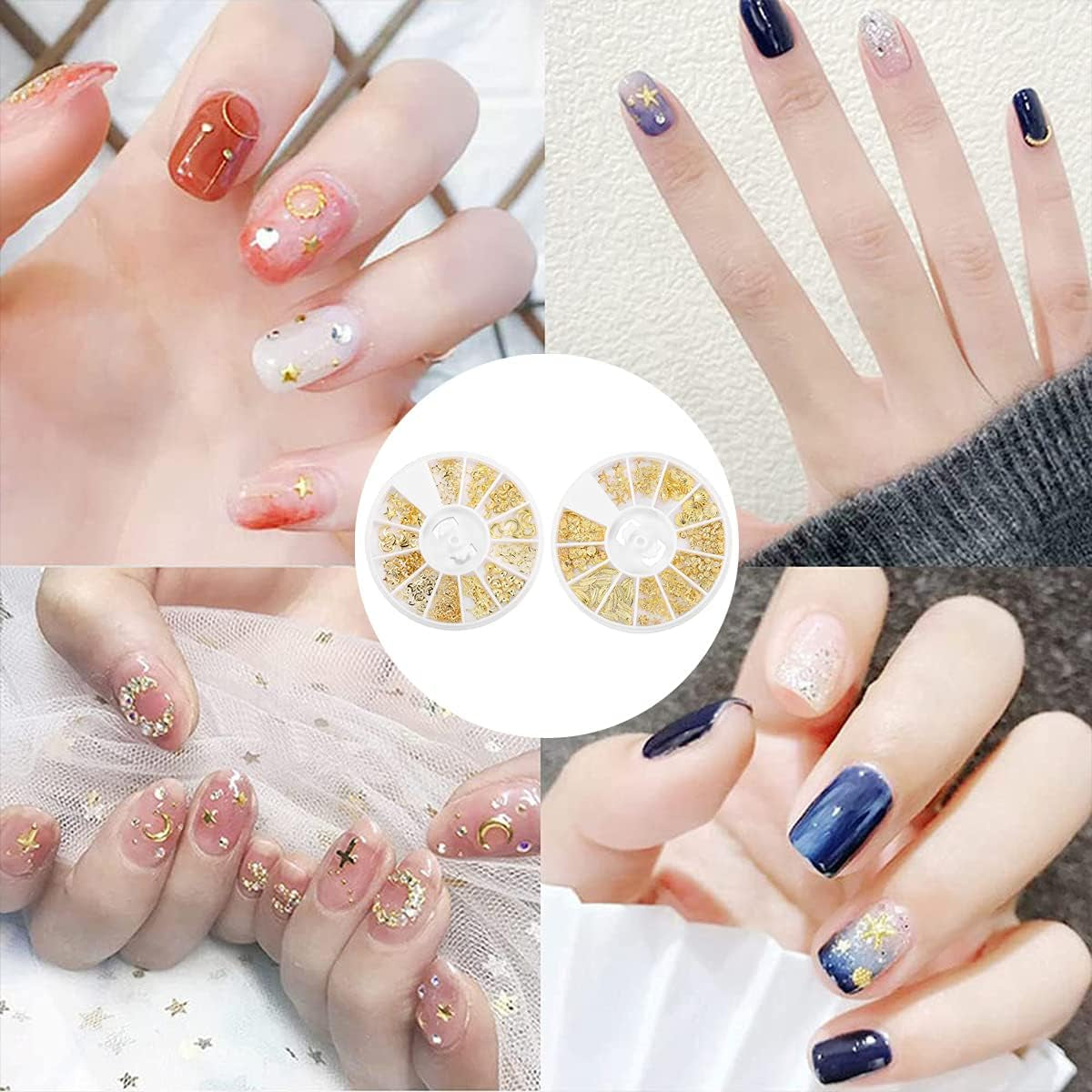 Metal Nail Decoration, 2 Boxes Metal Nail Studs Star Moon Feather Nail Charm Kit for 3D Nail Art Jewelry Decoration (Gold)