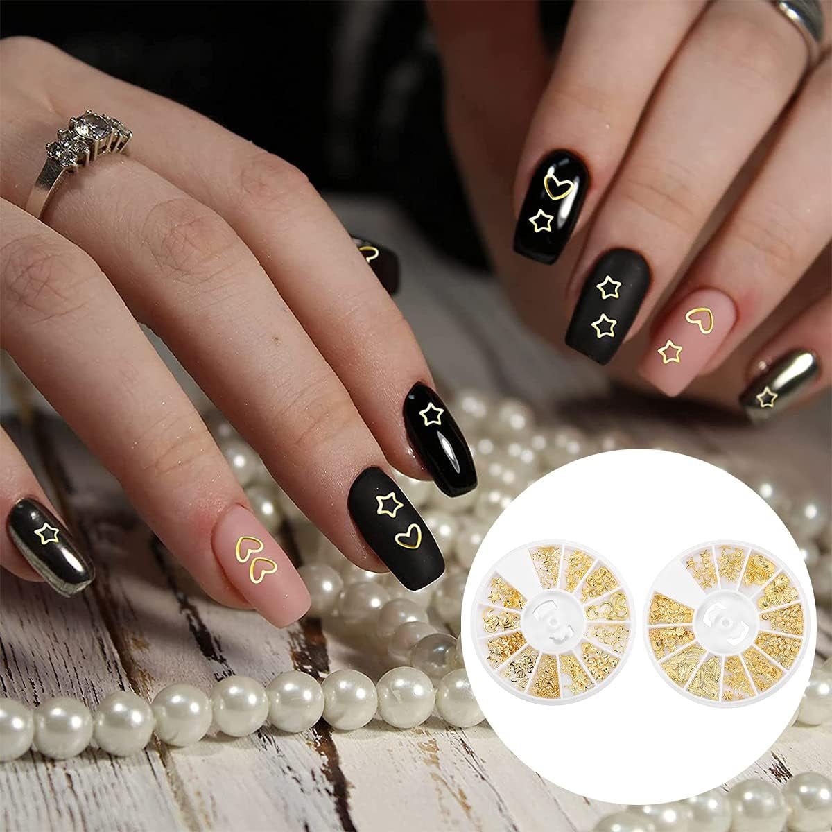 Metal Nail Decoration, 2 Boxes Metal Nail Studs Star Moon Feather Nail Charm Kit for 3D Nail Art Jewelry Decoration (Gold)
