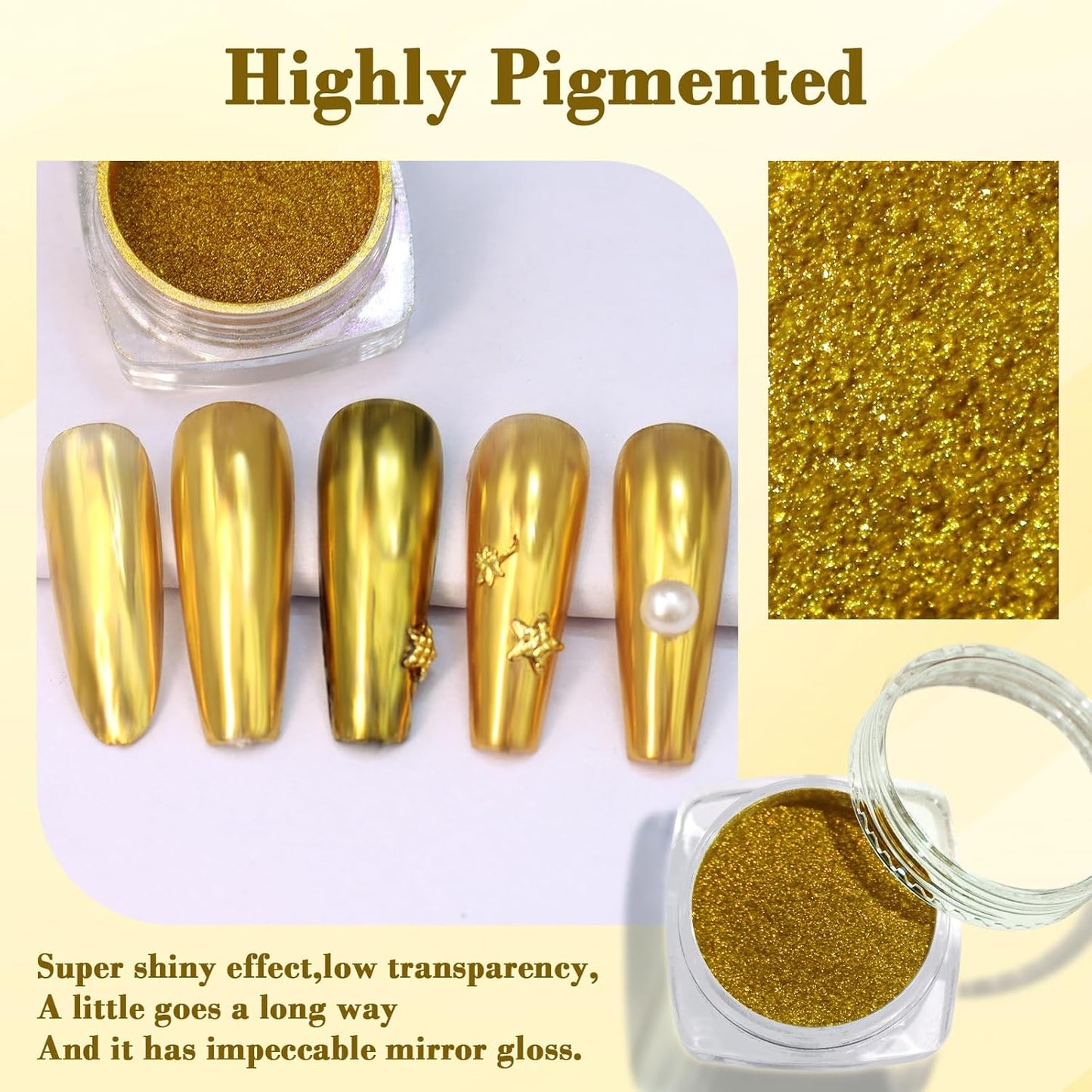 Chrome Nail Powder, Metallic Mirror Effect Chrome Powder Holographic Shimmer Glitter Dust Manicure Decoration Nail Art Pigment for DIY Gel Polish Nail Art, Resin Craft, Salon, Gifts - Gold