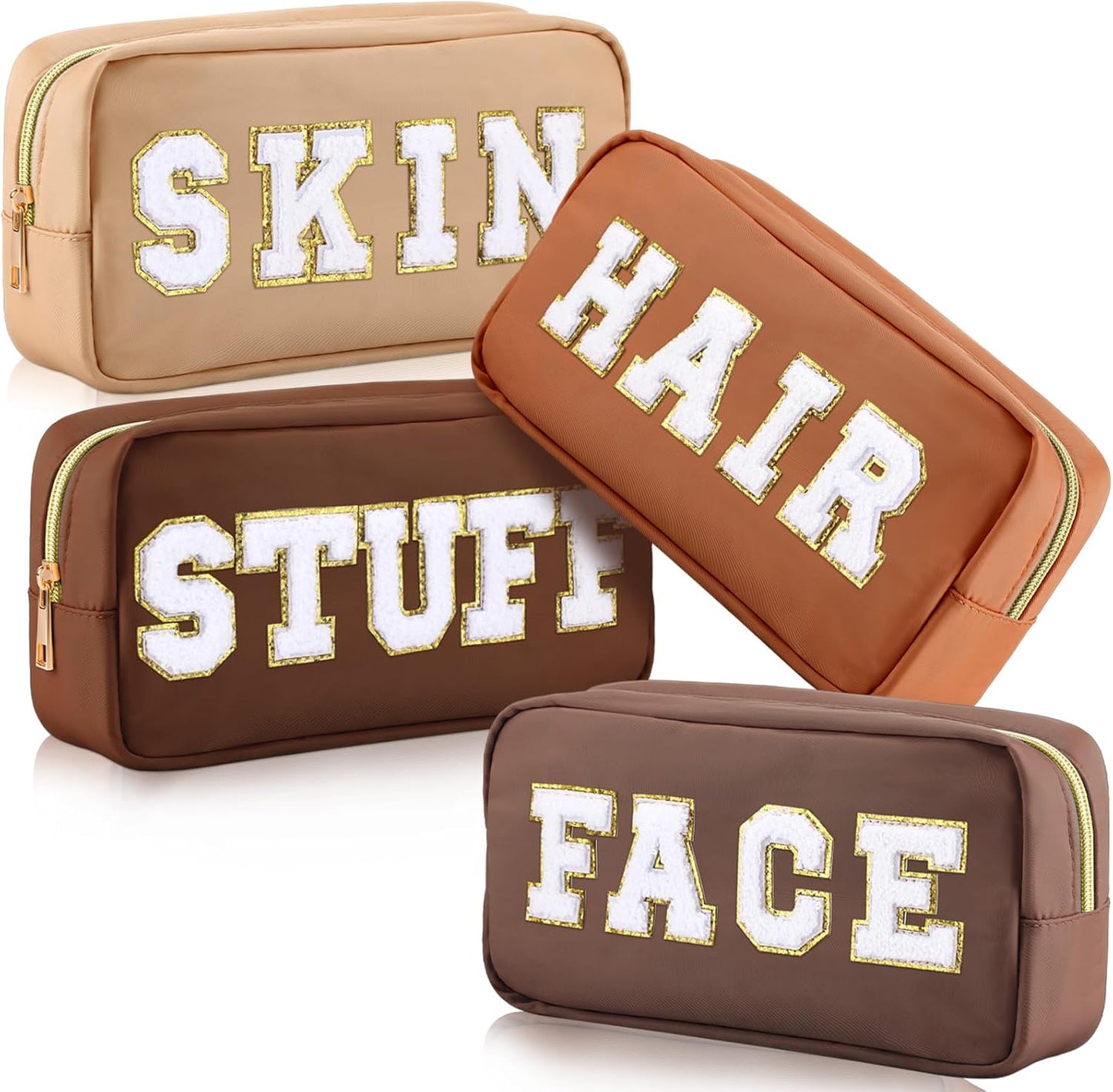 4 PCS Nylon Cosmetic Bags Waterproof Spacious Travel Makeup Organizer for Women Chenille Letter Preppy Zipper Pouch Face Stuff Skin Hair Organizer Gift(Brown Series)