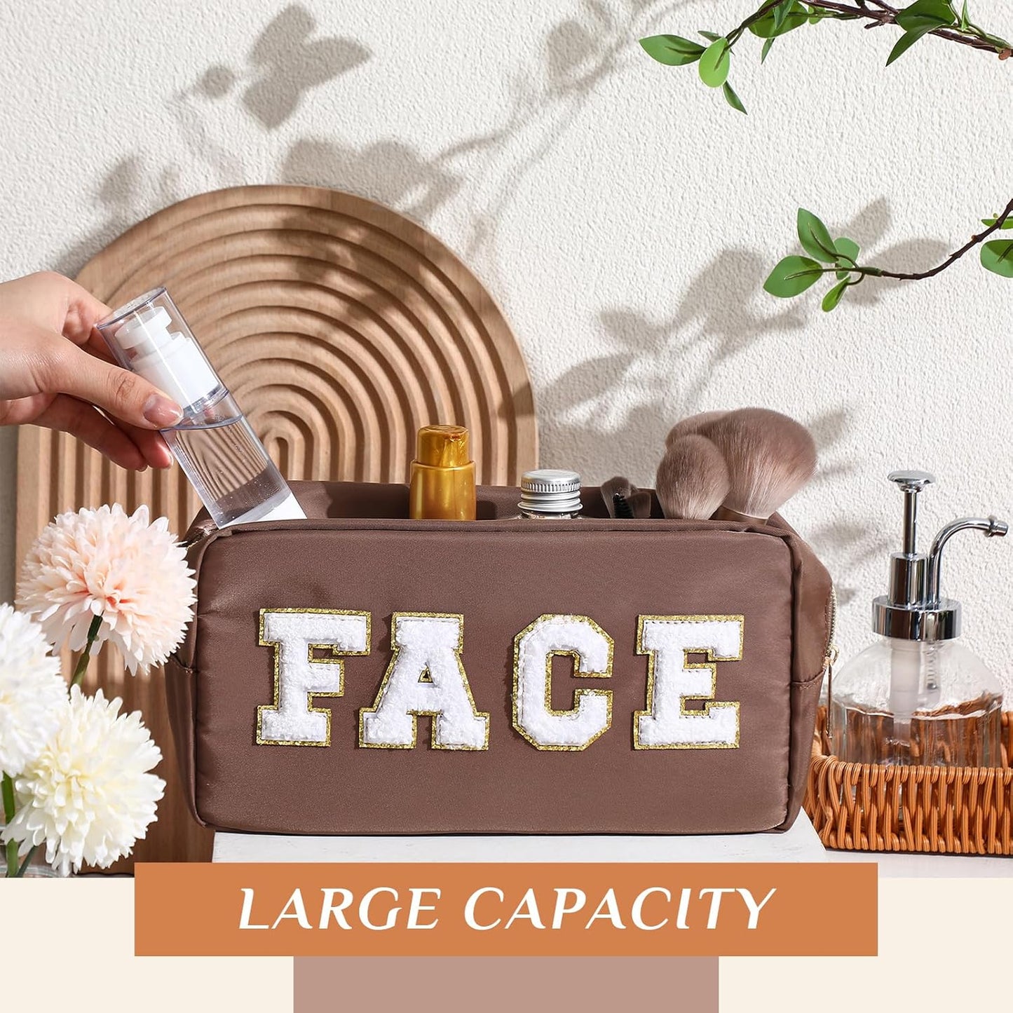 4 PCS Nylon Cosmetic Bags Waterproof Spacious Travel Makeup Organizer for Women Chenille Letter Preppy Zipper Pouch Face Stuff Skin Hair Organizer Gift(Brown Series)