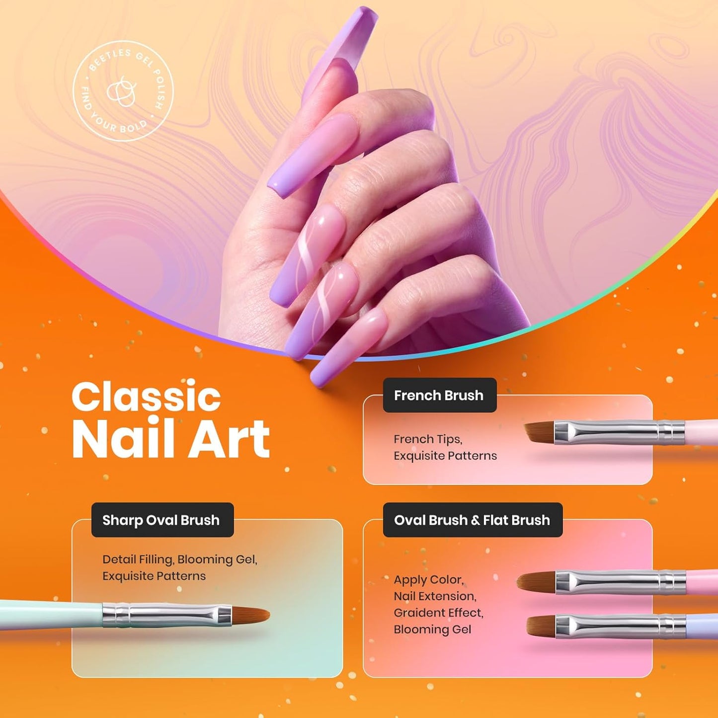 Nail Art Brushes, 6 Pcs Fingernail Art Design Pens, Wood Alloy Handle, Dotting Pen Clean up Liner French Nail Brush Set, DIY Manicure Tools Gift for Women
