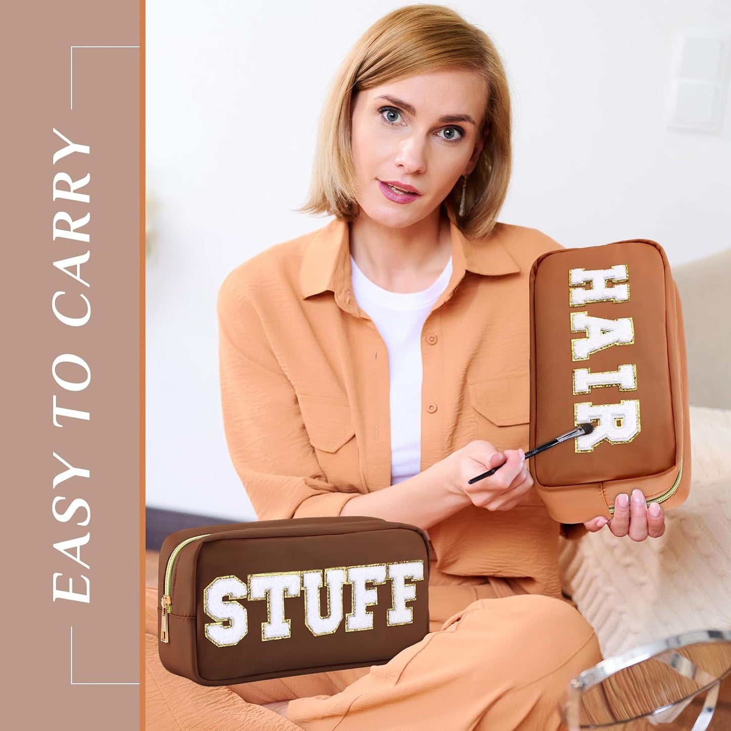 4 PCS Nylon Cosmetic Bags Waterproof Spacious Travel Makeup Organizer for Women Chenille Letter Preppy Zipper Pouch Face Stuff Skin Hair Organizer Gift(Brown Series)
