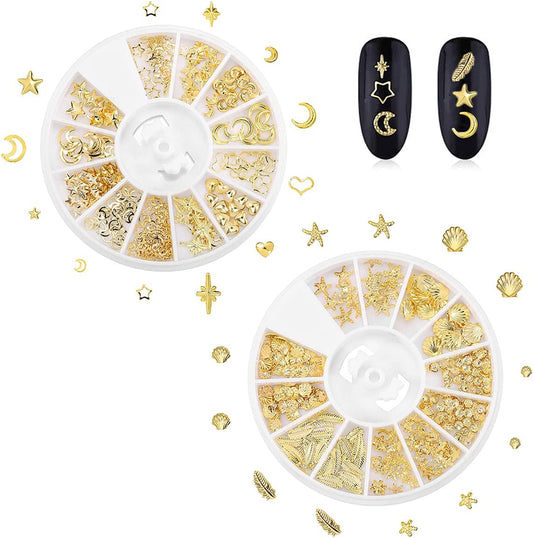 Metal Nail Decoration, 2 Boxes Metal Nail Studs Star Moon Feather Nail Charm Kit for 3D Nail Art Jewelry Decoration (Gold)