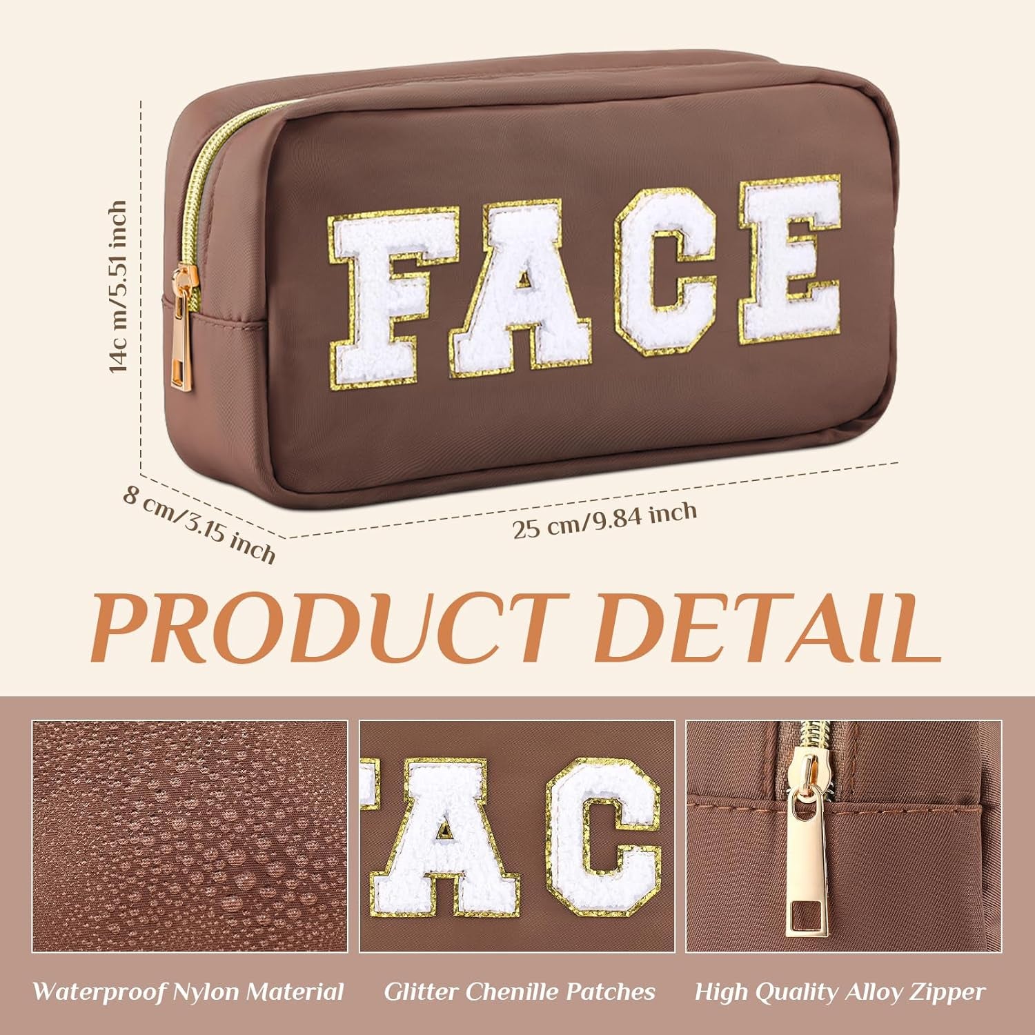 4 PCS Nylon Cosmetic Bags Waterproof Spacious Travel Makeup Organizer for Women Chenille Letter Preppy Zipper Pouch Face Stuff Skin Hair Organizer Gift(Brown Series)