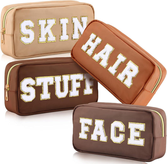 4 PCS Nylon Cosmetic Bags Waterproof Spacious Travel Makeup Organizer for Women Chenille Letter Preppy Zipper Pouch Face Stuff Skin Hair Organizer Gift(Brown Series)