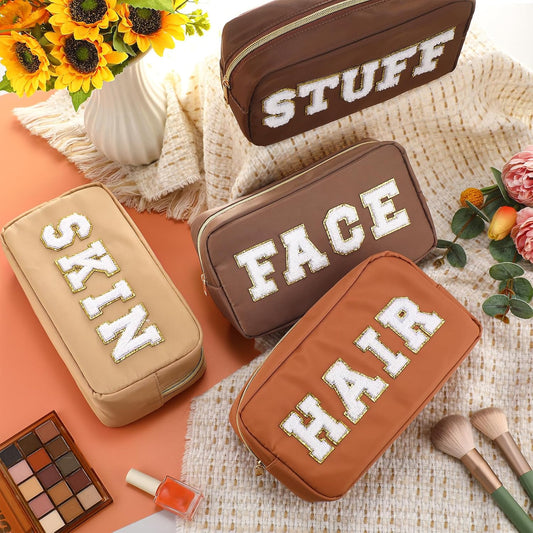 4 PCS Nylon Cosmetic Bags Waterproof Spacious Travel Makeup Organizer for Women Chenille Letter Preppy Zipper Pouch Face Stuff Skin Hair Organizer Gift(Brown Series)