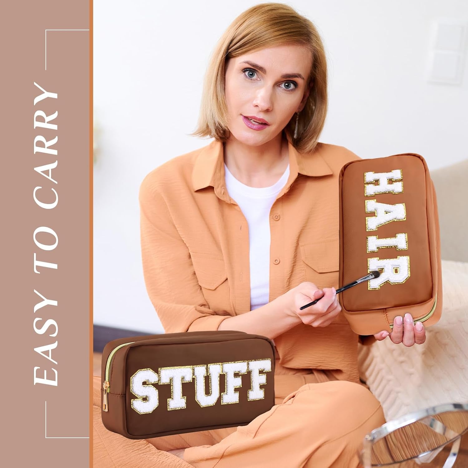 4 PCS Nylon Cosmetic Bags Waterproof Spacious Travel Makeup Organizer for Women Chenille Letter Preppy Zipper Pouch Face Stuff Skin Hair Organizer Gift(Brown Series)