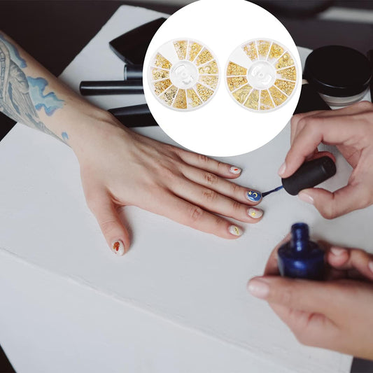 Metal Nail Decoration, 2 Boxes Metal Nail Studs Star Moon Feather Nail Charm Kit for 3D Nail Art Jewelry Decoration (Gold)